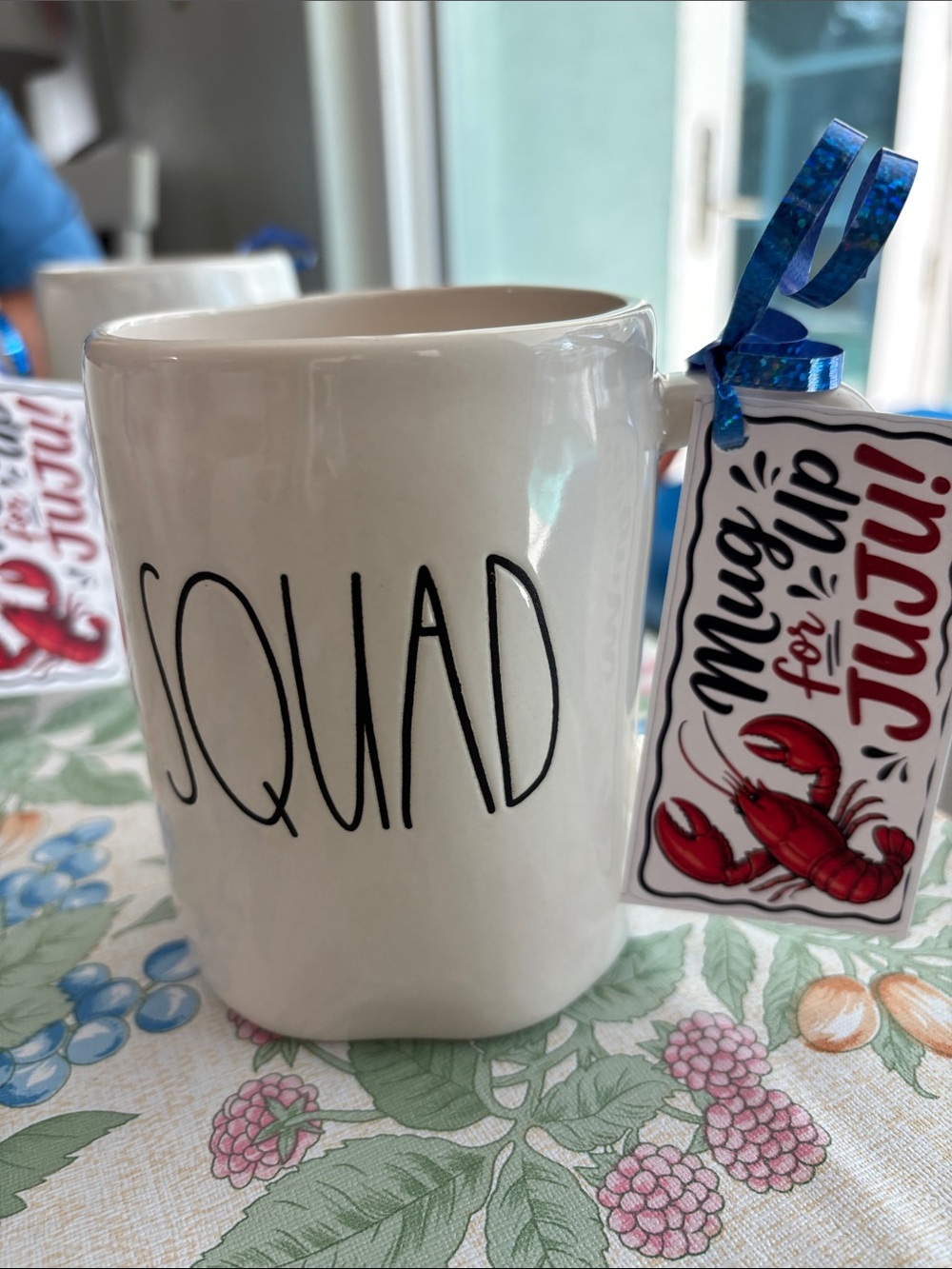 Rae Dunn White "SQUAD" Ceramic Mug with Decorative Tag